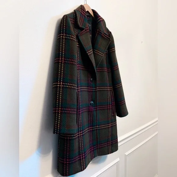 Talbots Wool Blend Olive Green Plaid Coat Petite Medium Like New - Picture 5 of 13
